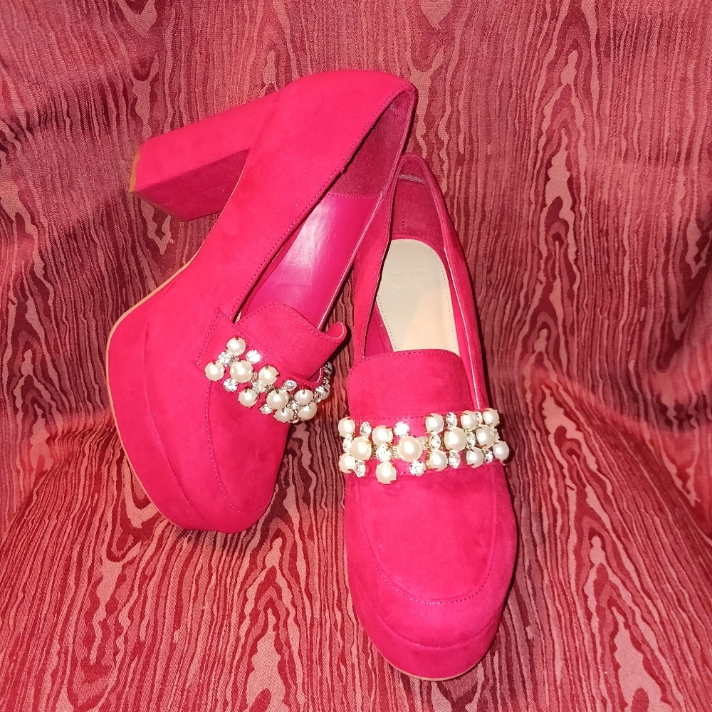JustFab Adele Red Faux Peals Throwback Platform Heels Women's Sz 8.5